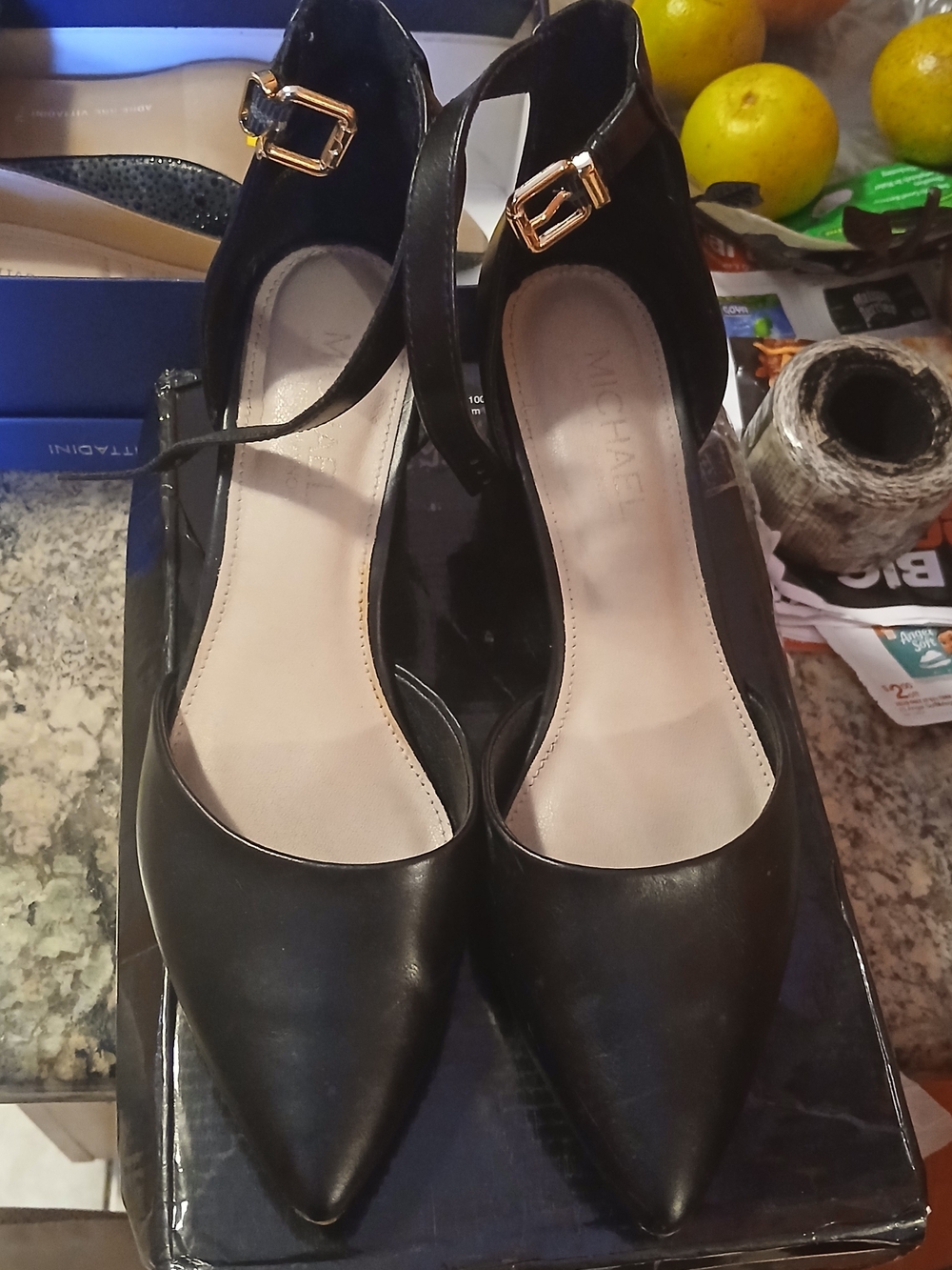 Michael Kors Black Pointed Ankle-Strap Heels with Gold Buckle